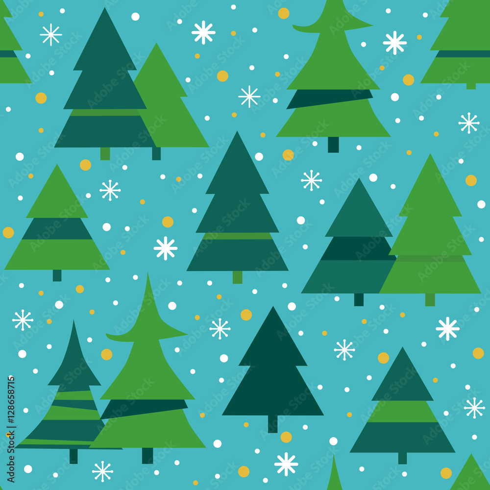 Obraz premium Cute winter holiday seamless pattern with blue background, snowflakes and Christmas trees