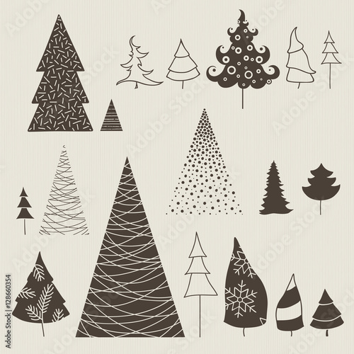 Collection of stylized Christmas trees. Decorative X-tree design for invitations  labels  greeting cards.