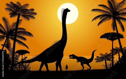 Silhouettes of dinosaurs. Two Dinosaurs on sunset background. Vector illustration.
