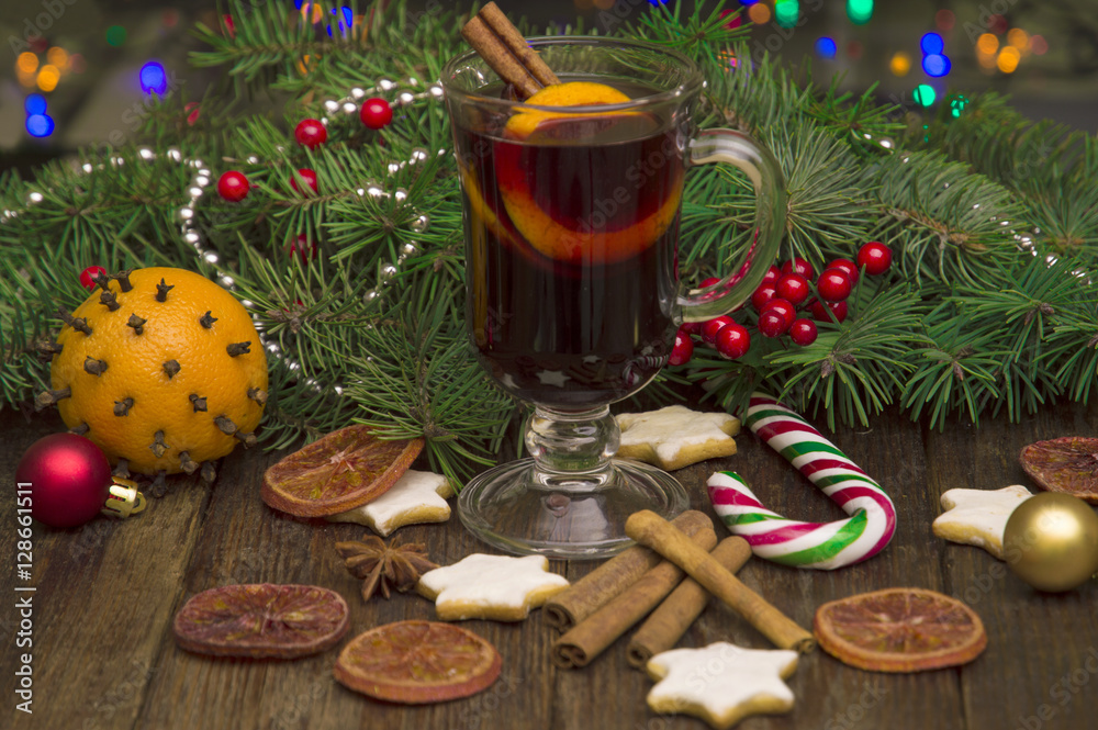 Christmas mulled wine, cookies, spices and ornaments Christmas mulled wine, cookies, spices and ornaments