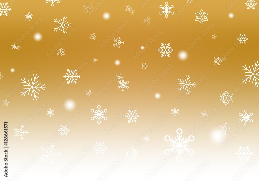 Gold Christmas background with white falling snowflakes and luminous wheels white stripe down. Winter backdrop with snowfall Gold Christmas background with white falling snowflakes and luminous wheels white stripe down. Winter backdrop with snowfall