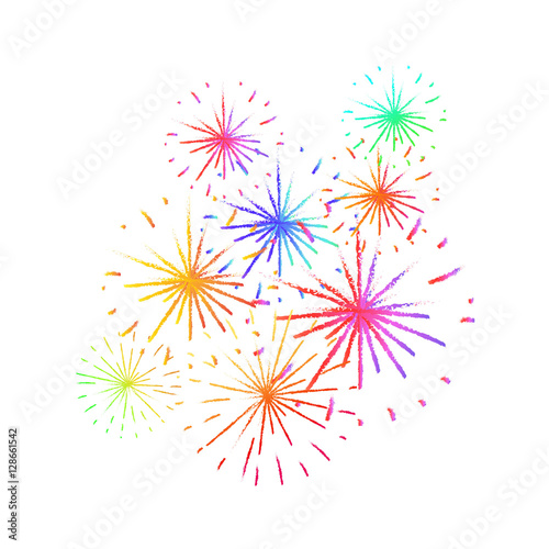 New Year Holiday Fireworks. Festive firework bursting in various shapes sparkling pictograms set on a bright colorful background.  for your      4th July or Birthday design.