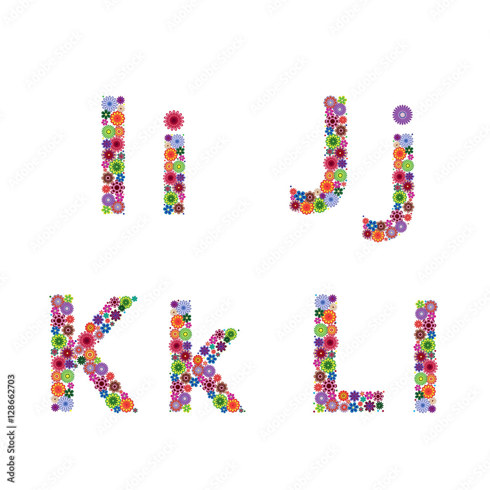 Alphabet with flowery letters I, J, K, L
