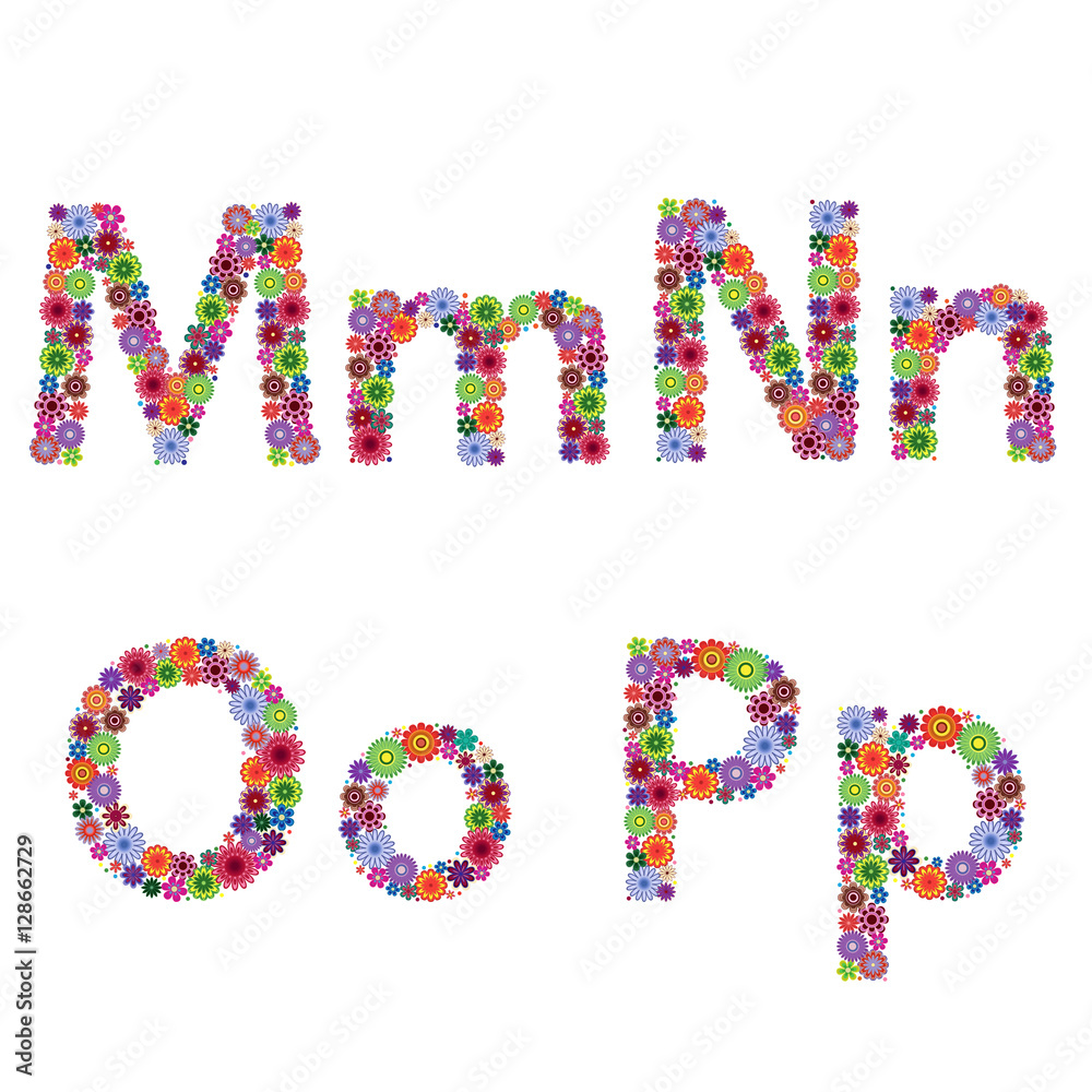 Alphabet with flowery letters M, N, O, P