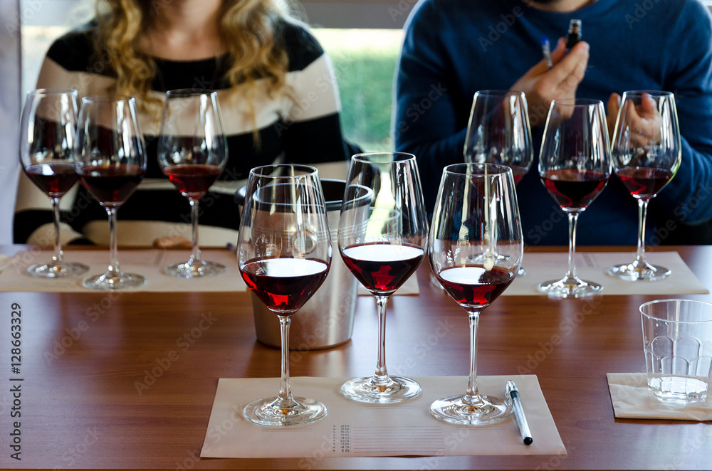 Wine tasting experience in Langhe (Italy) with three glasses of Nebbiolo on a table
