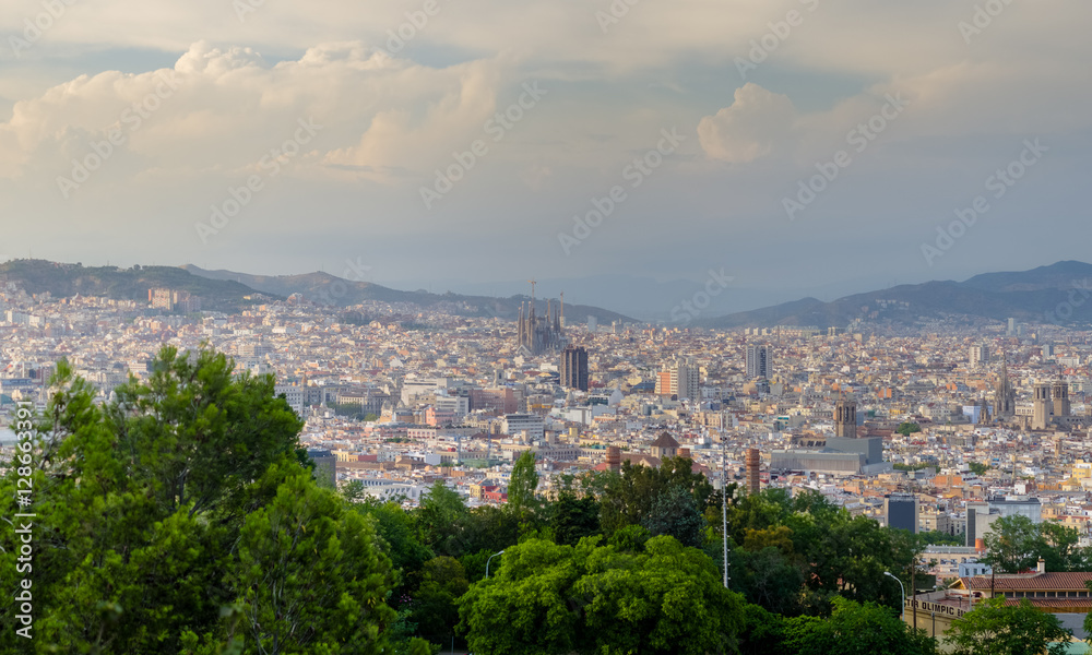 Panoramic view on Barcelona sightseeing places in sun light, Spain