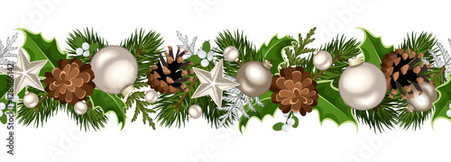 Vector Christmas horizontal seamless garland with fir-tree branches, silver balls, holly leaves, cones and mistletoe.