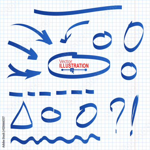 Set of Blue Hand Drawn Pencil Arrows. Circle, Oval, Square, on Squared Paper Background. Vector illustration.