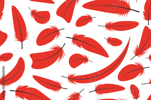 Seamless pattern with red feathers in cartoon style on white background. Vector illustration