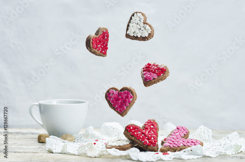 Flying cookies in the forms of hearts