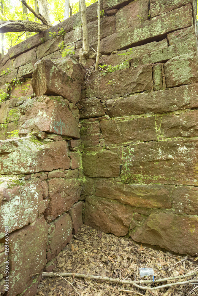 Buttress in sandstone wall of ruins of E.E. Hilliard's 19th century hydroelectric station in Manchester, Connecticut.