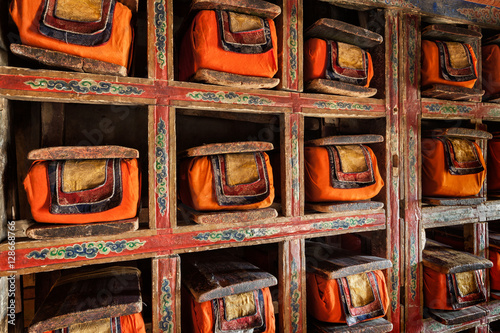 Old manuscripts folios in library of Thiksey Monastery. Ladak