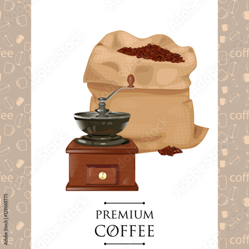 Bag of coffee beans isolated on white background. classic  grinder in wooden case vector illustration.  mill