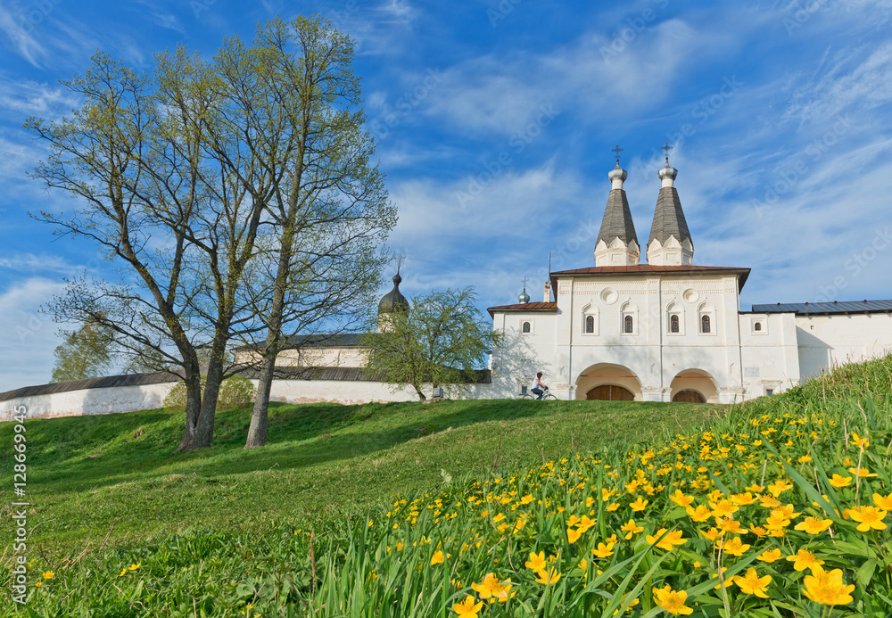 Christian monastery on hill and blooming meadows. Christian monastery on hill and blooming meadows.