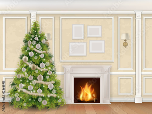 Luxury interior wall with christmas tree fireplace and pilasters. Vector realistic illustration. Indoor background.