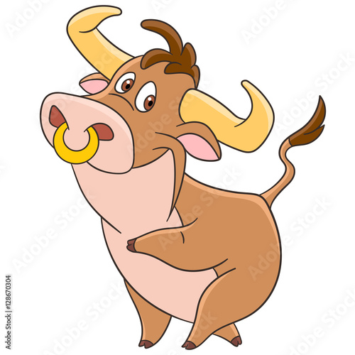 Cute and happy cartoon american bull (buffalo, ox, bison), isolated on white background. Childish vector illustration and colorful book page for kids.