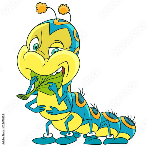 Cute and funny cartoon caterpillar insect, isolated on white background. Childish vector illustration and colorful book page for kids.