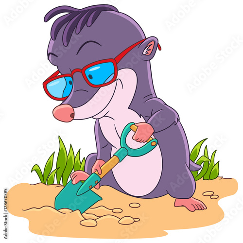 Cute and happy cartoon mole animal, isolated on white background. Childish vector illustration and colorful book page for kids.