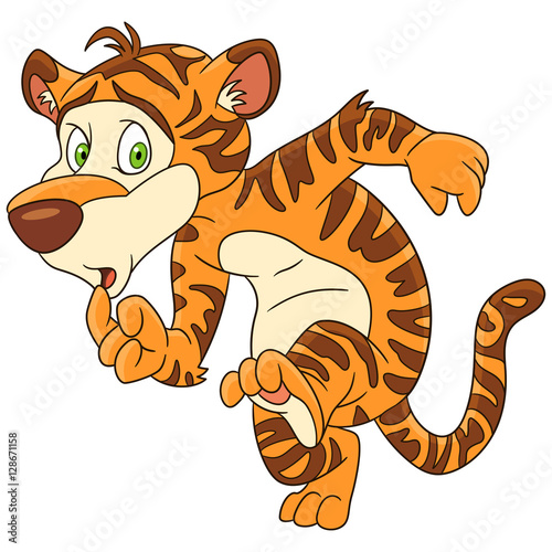 Fototapeta Naklejka Na Ścianę i Meble -  Cute and funny cartoon tiger animal, isolated on white background. Childish vector illustration and colorful book page for kids.