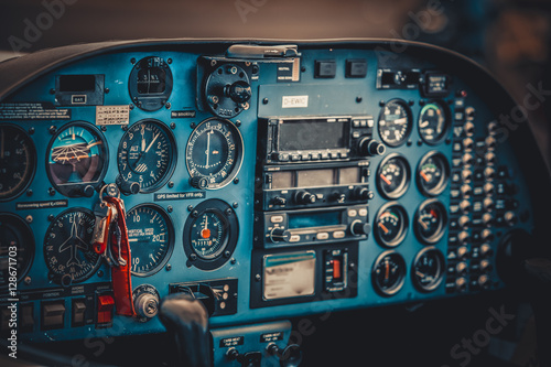 Obraz na plátne Vintage aircraft cockpit detail. Retro aviation, aircraft instru