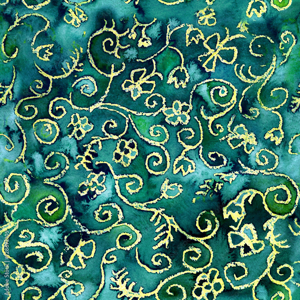 Watercolor seamless abstract floral pattern. Hand painted green brocade