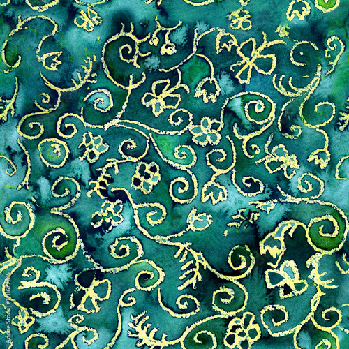 Watercolor Seamless Abstract Floral Pattern Hand Painted Green Brocade Texture With Emerald Color Hand Drawn Gold Cloth Background Wallpaper Surface Fill Stock Illustration Adobe Stock