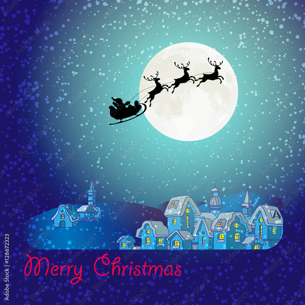 Naklejka premium Santa Claus and deer black silhouettes, snow, big moon.