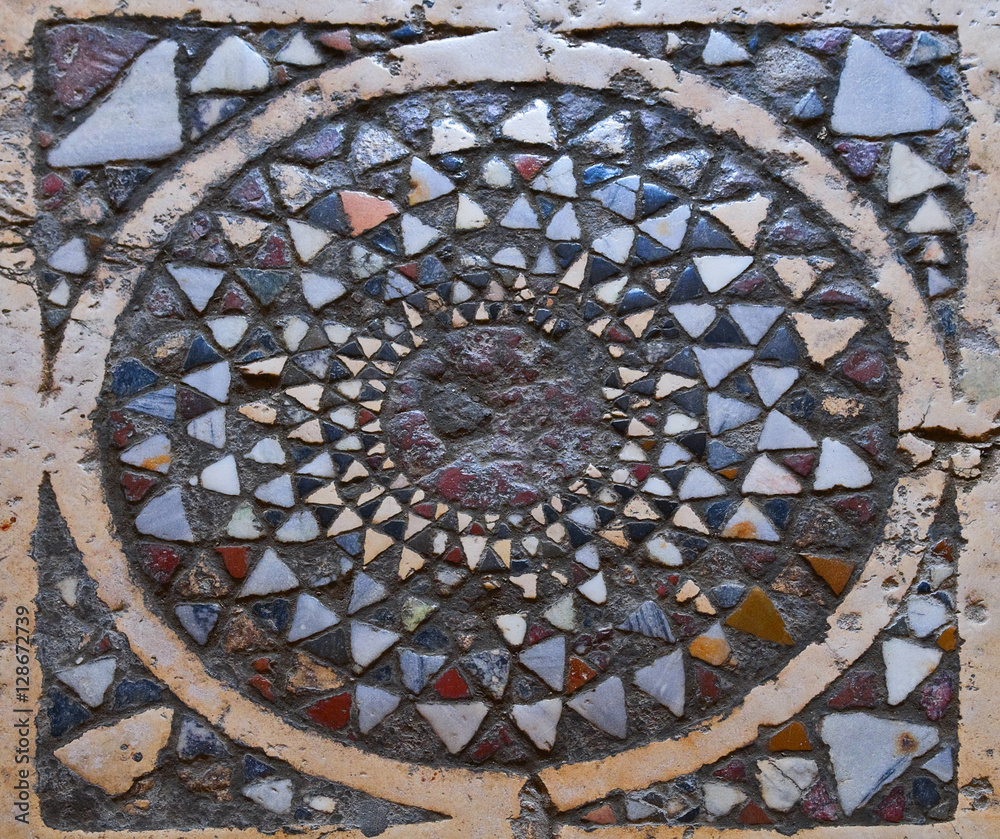 Ancient Turkish mosaic on a mausoleum floor in Mevlan, Turkey.