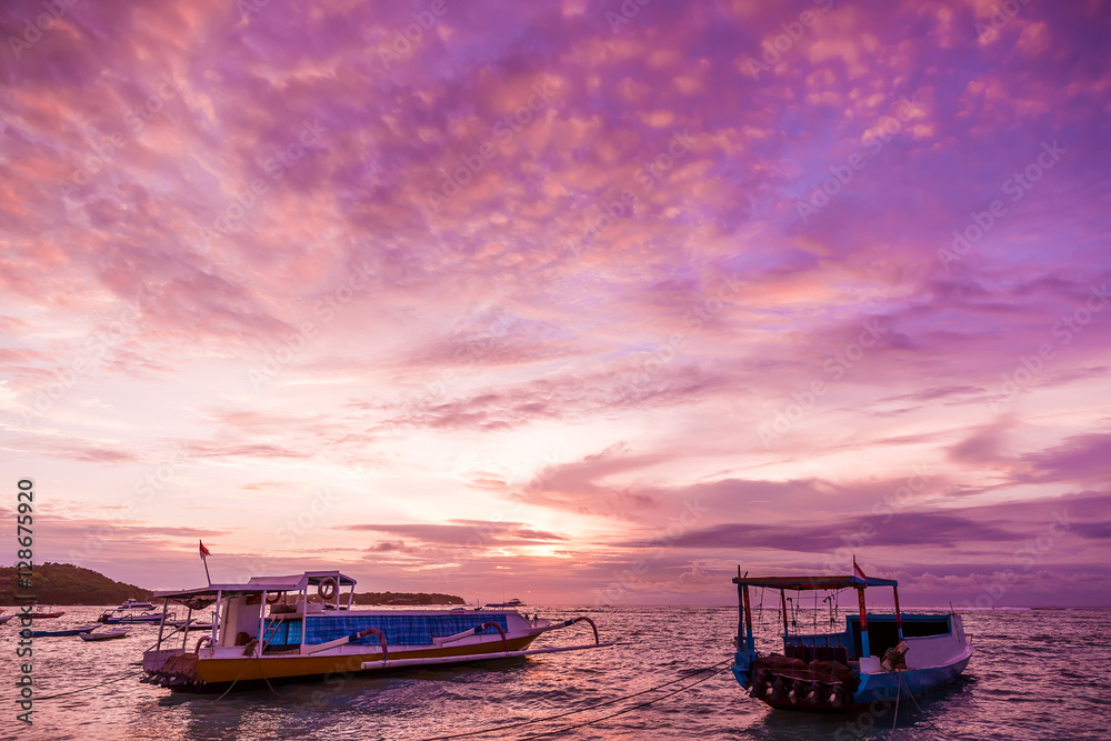 Sunset on Bali and boats