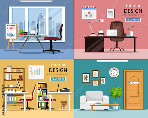 Office rooms set. Detailed graphic room interiors with furniture: office tables, chairs, laptops and office supplies. Modern workplaces. Flat style vector illustration.