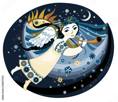 Wallpaper Mural Beautiful angel with the trumpet flying in the night sky clouds. Vector illustration. Torontodigital.ca