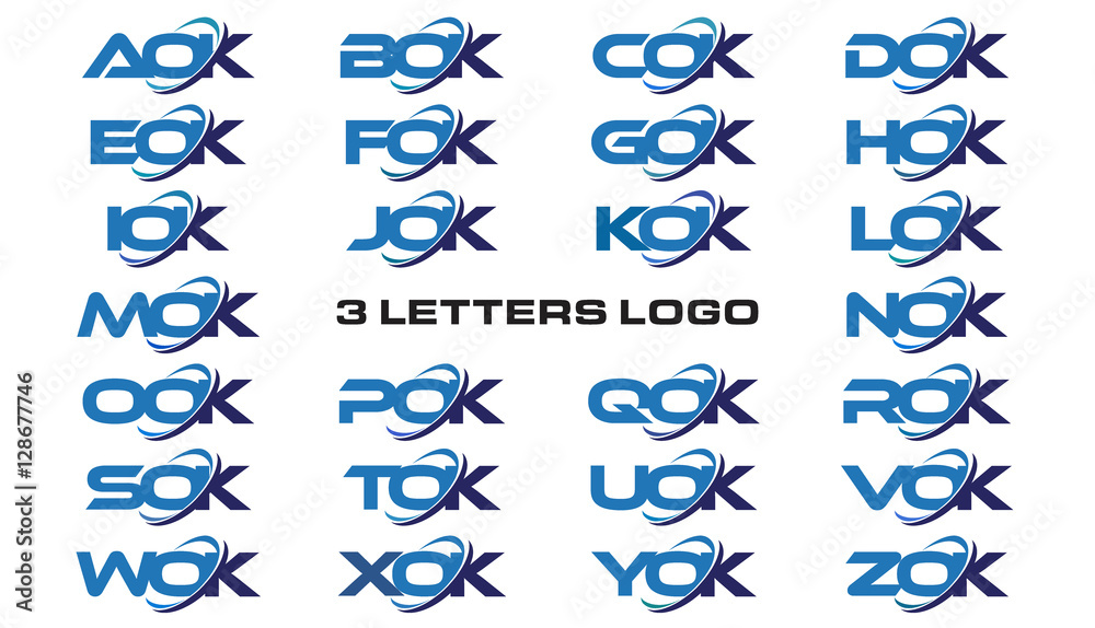 3 letters modern generic swoosh logo AOK, BOK, COK, DOK, EOK, FOK, GOK,  HOK, IOK, JOK,