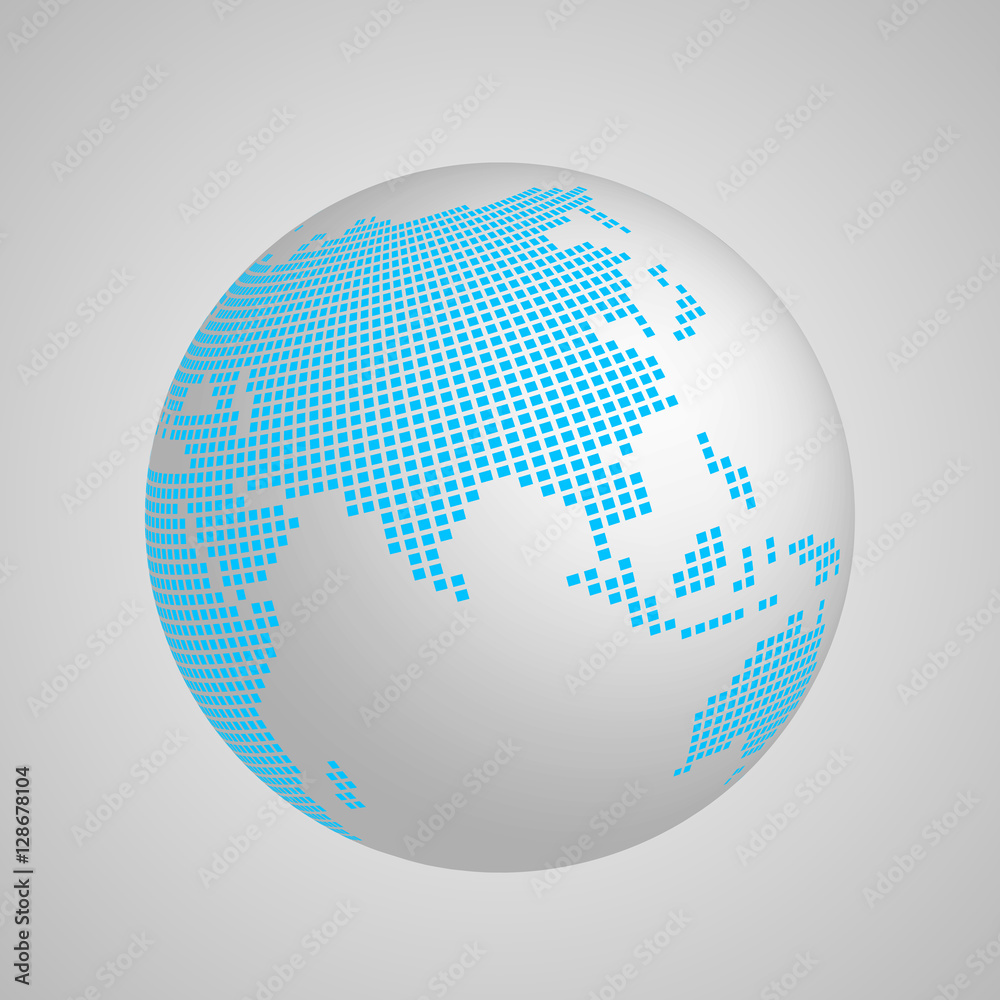 Vector planet Earth globe with blue squared map of continent Asia. 3D illustration with shadow and gradient background. Vector planet Earth globe with blue squared map of continent Asia. 3D illustration with shadow and gradient background.