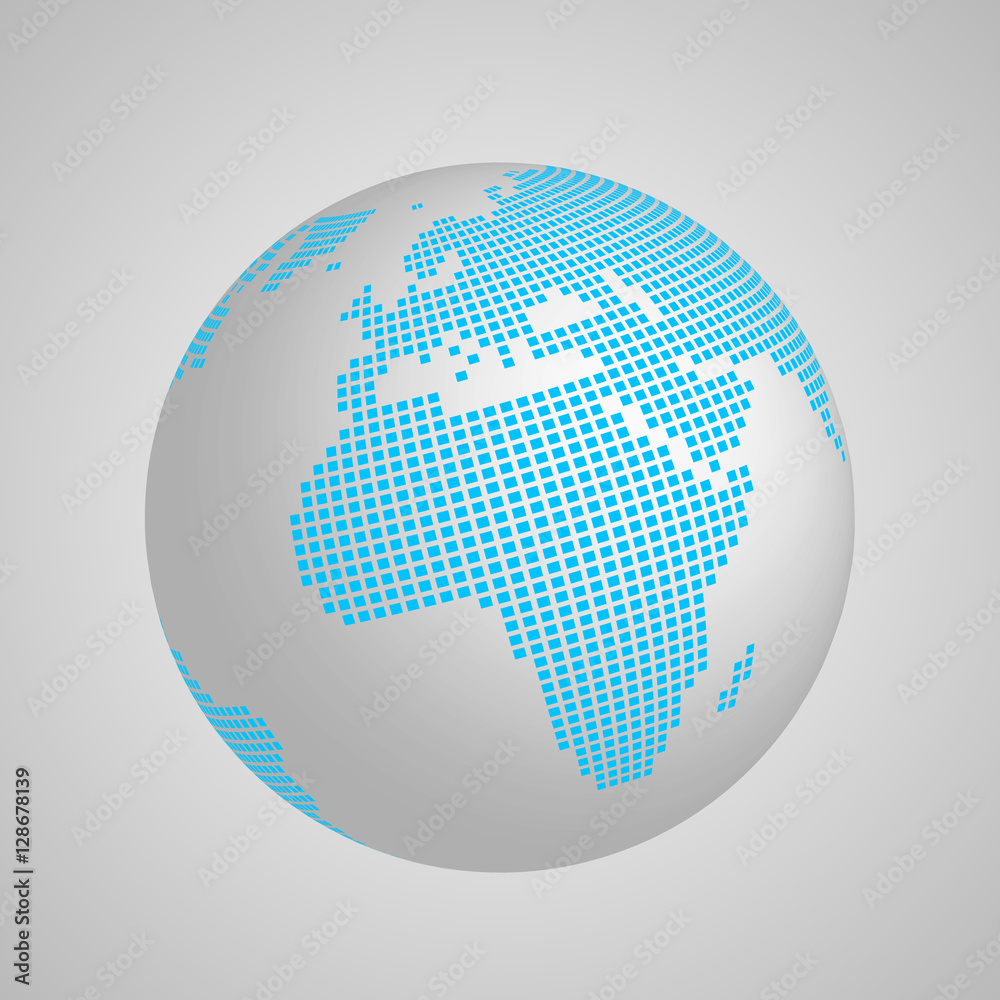 Vector planet Earth globe with blue squared map of continent Europe and Africa. 3D illustration with shadow and gradient background. Vector planet Earth globe with blue squared map of continent Europe and Africa. 3D illustration with shadow and gradient background.