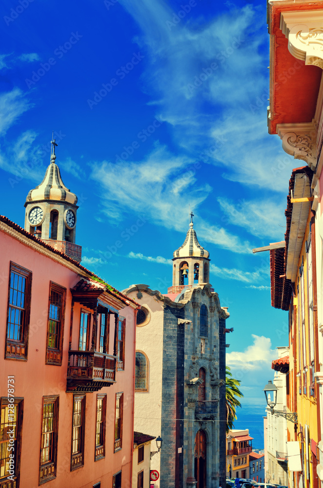 Naklejka premium City street in La Orotava. Historical center landmarks and architecture of La Orotava. Tenerife, Canary islands, Spain.