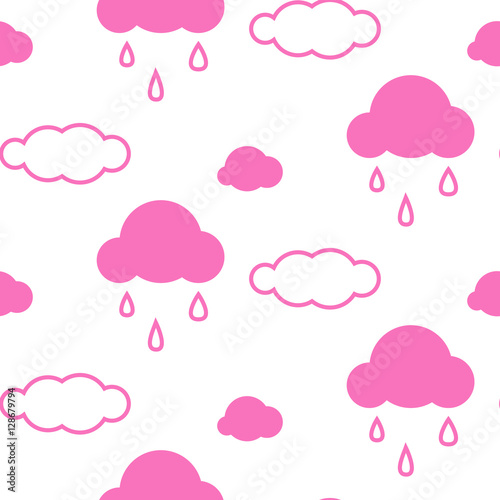 Pink sky clouds seamless kid vector pattern. Girlish background. Minimalist style textile fabric cartoon scandinavian ornament.