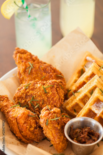 fried chicken and waffles with a glass of lemonade, The Spoon Trade American Eatery, Grover Beach, California