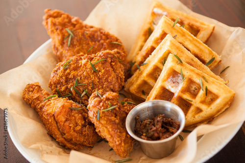 fried chicken and waffles with a glass of lemonade, The Spoon Trade American Eatery, Grover Beach, California