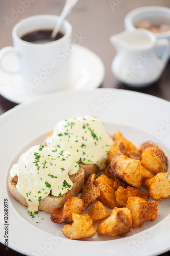 eggs benedict on house-made sourdough with crunchy potatoes and coffee, The Spoon Trade American Eatery, Grover Beach, California