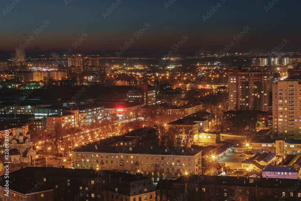 City at night, panoramic scene of Voronezh.   night lights, modern houses, skysc