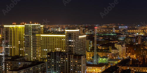 Top view of night Voronezh city. Skyline panorama. copy space