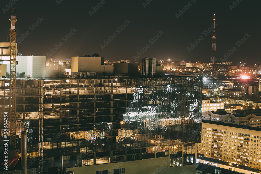 Voronezh City skyline at night panorama with urban skyscrapers