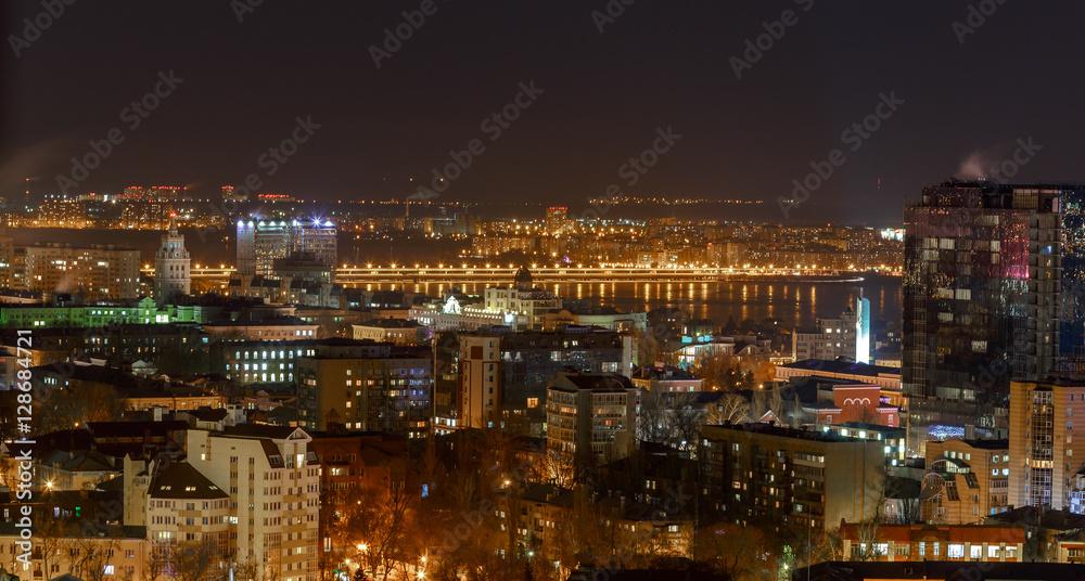 Voronezh city night scene, beautiful modern buildings, bright glowing lights