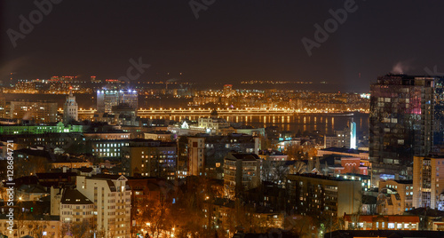 Voronezh city night scene, beautiful modern buildings, bright glowing lights