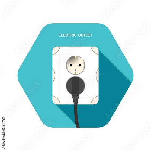 Vector isolated icon of european electric outlet with dark gray plug on the turquoise hexagon background with shadow.