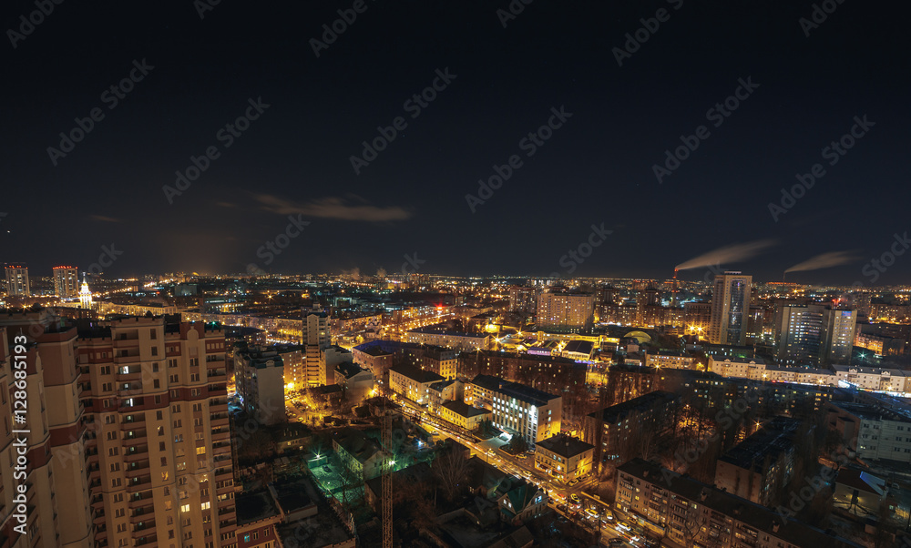 View of panorama Voronezh city at night from High building roof top, Russia