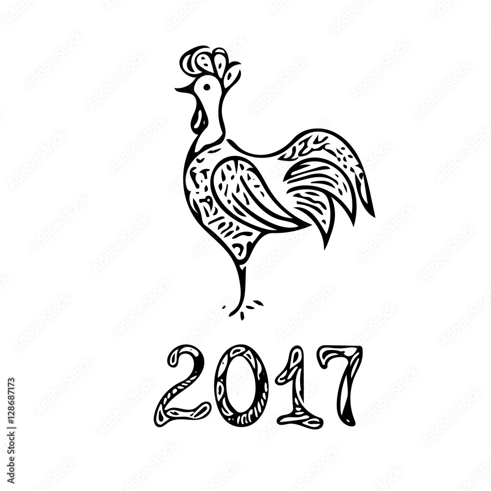 Fototapeta premium Christmas Rooster. Hand drawn line art vector. Black and white.