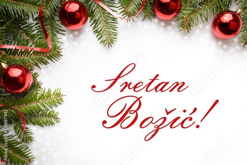 Christmas decorations with Christmas message in Bosnian "Sretan Božić!"