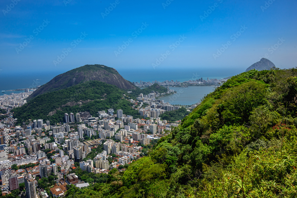 View on Rodrigo de Freitas Lagoon and Zona Sul from Mirante Dona Marta at the National Park of Tijuca, Rio de Janeiro, Brazil
