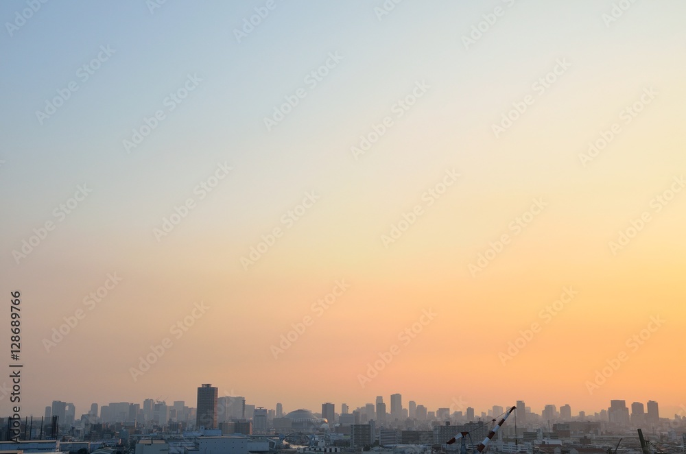 朝焼けの大阪都市風景
